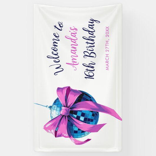 水彩ピンクボウディスコボールスウィート16誕生日 横断幕 (縦)