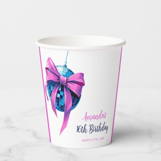 水彩ピンクボウディスコボールスウィート16誕生日 紙コップ (裏面)