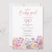 水彩ピンクボウフローラガールベビーシャワー 招待状 (正面)
