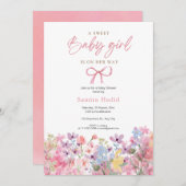 水彩ピンクボウフローラガールベビーシャワー 招待状 (正面/裏面)