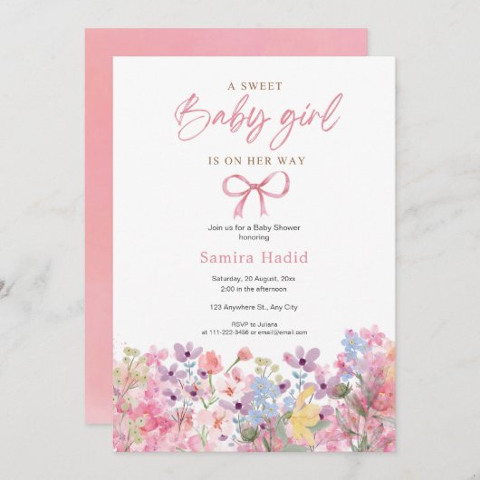 水彩ピンクボウフローラガールベビーシャワー 招待状 (正面/裏面)