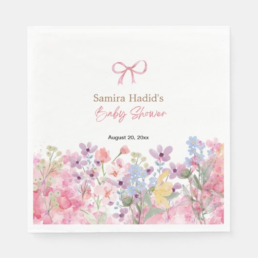 水彩ピンクボウフローラ女の子の赤ちゃんシャワー スタンダードランチョンナプキン (正面)