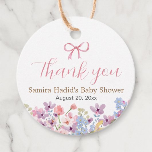 水彩ピンクボウフローラ女の子の赤ちゃんシャワー フェイバータグ (正面)