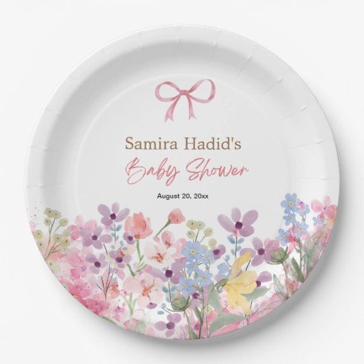 水彩ピンクボウフローラ女の子の赤ちゃんシャワー ペーパープレート (正面)