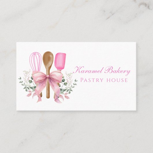 水彩ピンクボウ用具ベーカリー名刺 名刺 (正面)