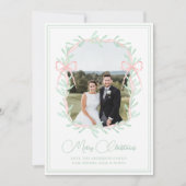 水彩ピンクボウ緑のクリスマスフォト シーズンカード (正面)