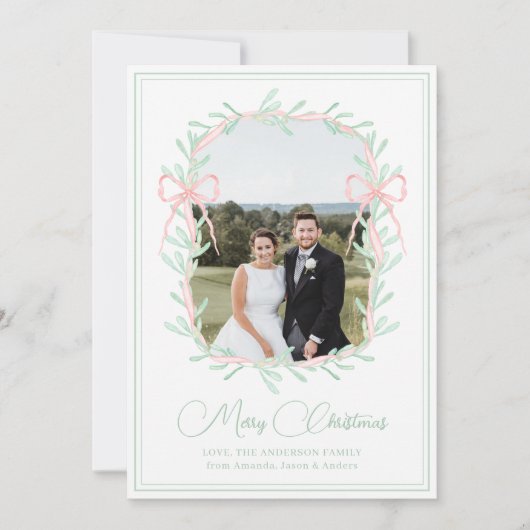 水彩ピンクボウ緑のクリスマスフォト シーズンカード (正面)