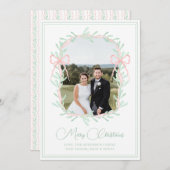 水彩ピンクボウ緑のクリスマスフォト シーズンカード (正面/裏面)