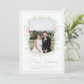 水彩ピンクボウ緑のクリスマスフォト シーズンカード (スタンド正面)