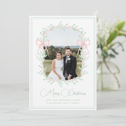 水彩ピンクボウ緑のクリスマスフォト シーズンカード (スタンド正面)
