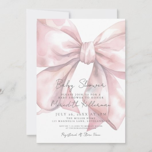 水彩ピンクボウ赤ちゃんシャワー 招待状 (正面)