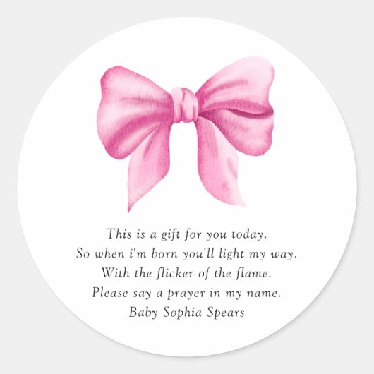水彩ピンクボウ – 祈りの言葉キャンドルラベル ラウンドシール (正面)