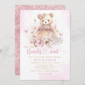 水彩ピンクボホテディベアーガールベビーシャワー 招待状 (正面/裏面)