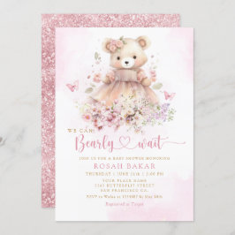 水彩ピンクボホテディベアーガールベビーシャワー 招待状