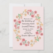 水彩ピンクボホリングや輪の花結婚の 招待状 (正面)