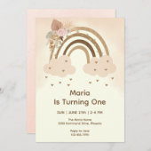 水彩ピンクボホレインボーファースト誕生日 招待状 (正面/裏面)