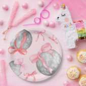 水彩ピンクボーブリボンシルバーディスコボール紙 ペーパープレート (パーティー)