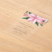 水彩ピンクポインセチアフローラ冬の結婚式 アクリル招待状 (レイダウン)