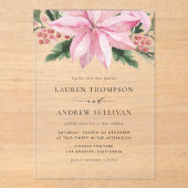 水彩ピンクポインセチアフローラ冬の結婚式 アクリル招待状 (正面)