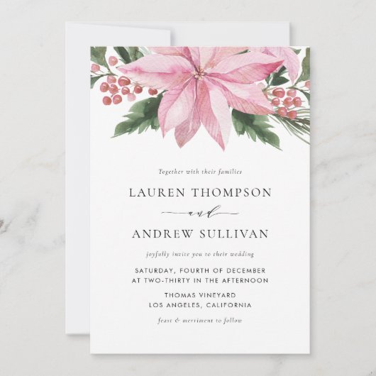 水彩ピンクポインセチアフローラ冬の結婚式 招待状 (正面)