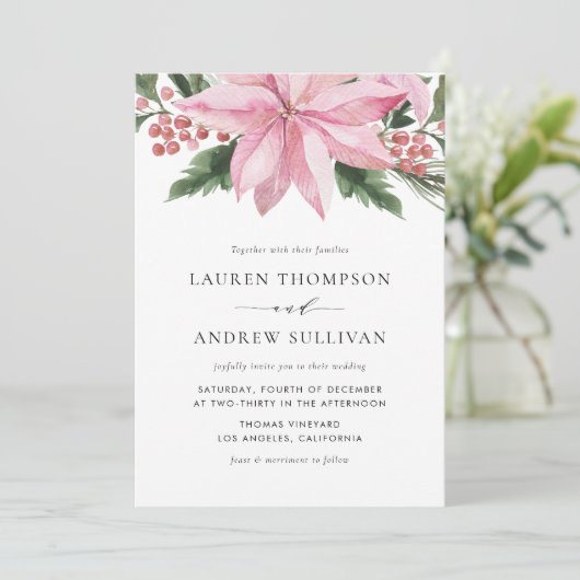 水彩ピンクポインセチアフローラ冬の結婚式 招待状 (スタンド正面)