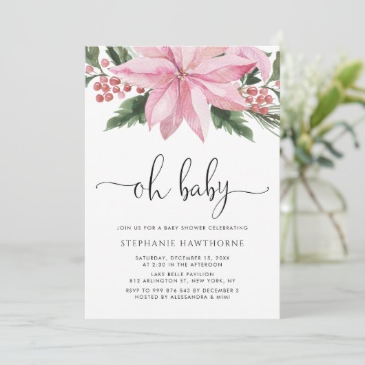 水彩ピンクポインセチア冬の赤ちゃんシャワー 招待状 (スタンド正面)