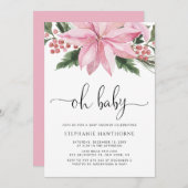 水彩ピンクポインセチア冬の赤ちゃんシャワー 招待状 (正面/裏面)