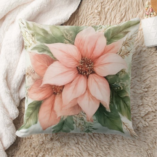 水彩ピンクポインセチア・クリスマス クッション (ブランケット)