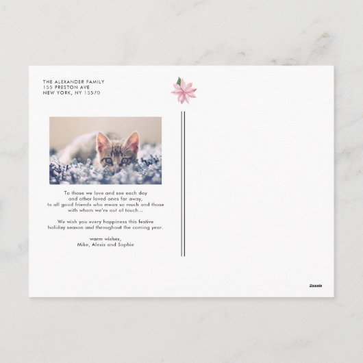 水彩ピンクポインセチアHappy Holidays写真 シーズンポストカード (裏面)