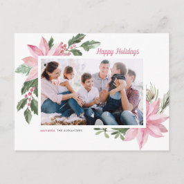 水彩ピンクポインセチアHappy Holidays写真 シーズンポストカード