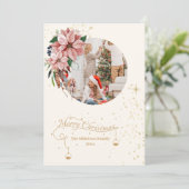 水彩ピンクポインセチアMerry Christmas Photo シーズンカード (スタンド正面)