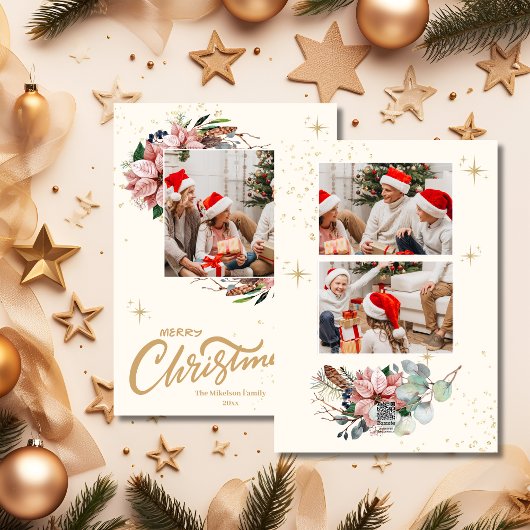 水彩ピンクポインセチアMerry Christmas Photo シーズンカード