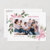 水彩ピンクポインセチアMerry Christmas Photo シーズンポストカード (正面/裏面)
