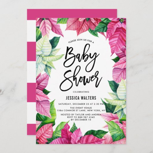 水彩ピンクポインセティアスフローラベビーシャワー 招待状 (正面/裏面)