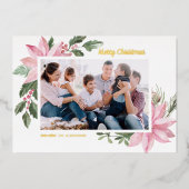水彩ピンクポインセティアスメリークリスマスフォト 箔シーズンカード (正面)
