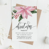 水彩ピンクポインセティアホリークリスマスパーティー 招待状