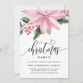 水彩ピンクポインセティアホリークリスマスパーティー 招待状 (正面)