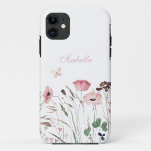 水彩ピンクポピーメドウ名前をカスタムする iPhone 11 ケース
