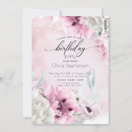 水彩ピンクポピー誕生日パーティーへの招待 招待状