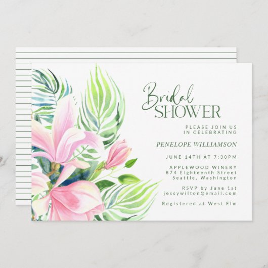 水彩ピンクマグノリアフラワーブライダルシャワー 招待状 (正面/裏面)