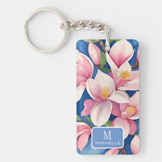 水彩ピンクマグノリア植物性ブルーモノグラム キーホルダー (正面)