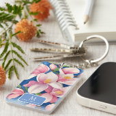 水彩ピンクマグノリア植物性ブルーモノグラム キーホルダー (正面右)