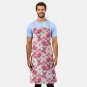 水彩ピンクマグノリア花パターン エプロン (着用した状態)