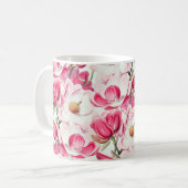 水彩ピンクマグノリア花パターン コーヒーマグカップ (正面左)