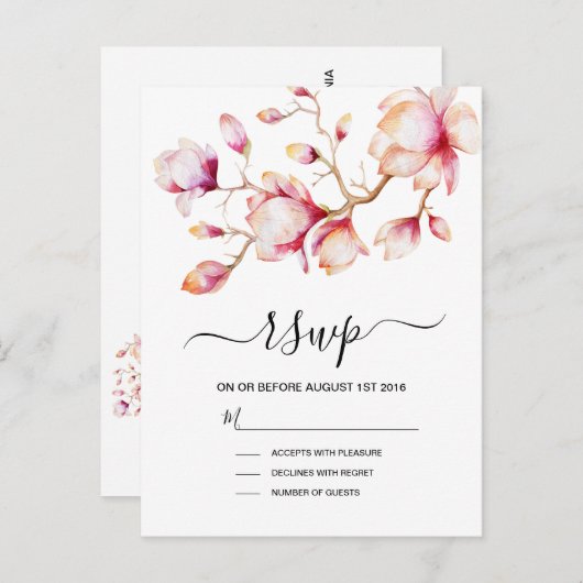 水彩ピンクマグノリア花 インビテーションポストカード (正面/裏面)