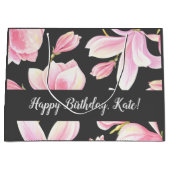 水彩ピンクマグノリア黒パターン ラージペーパーバッグ (正面)