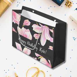 水彩ピンクマグノリア黒パターン ラージペーパーバッグ