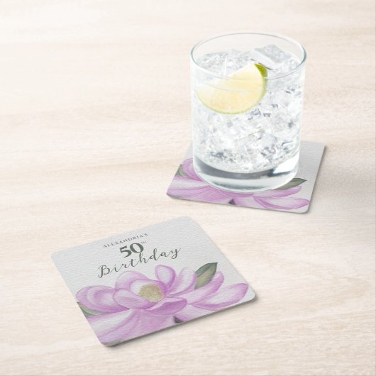 水彩ピンクマグノリア50誕生日 スクエアペーパーコースター (インサイチュ)