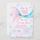 水彩ピンクマーメイドオンダーザシー誕生日 招待状 (正面)