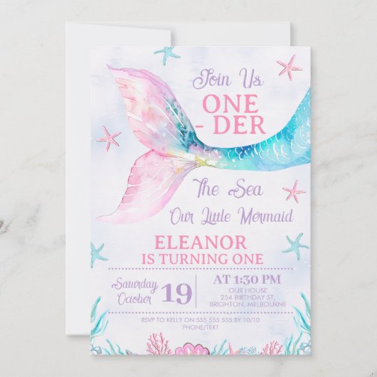水彩ピンクマーメイドオンダーザシー誕生日 招待状 (正面)